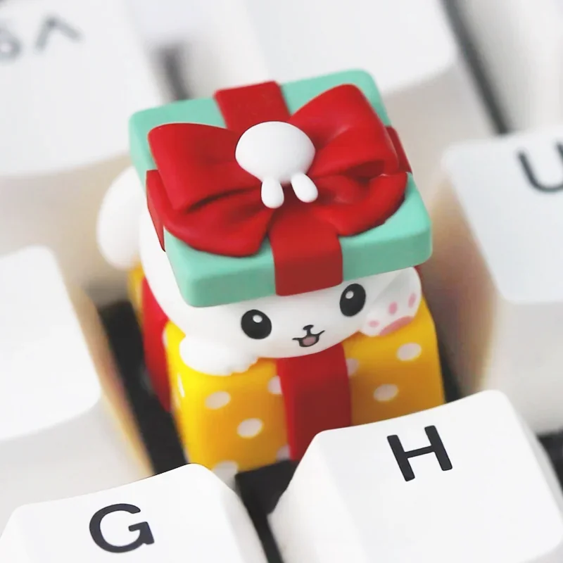 Detailed view of the whimsical handcrafted resin Rabbit Gift artisan keycap, highlighting its vibrant layered design and charming miniature rabbit design.