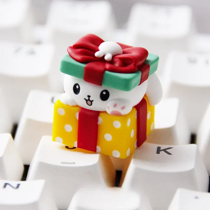Detailed whimsical Rabbit Gift artisan keycap, handcrafted from vibrant layered resin, showcasing a charming miniature scene for ESC.