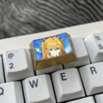 Vibrant Asuka Titanium Keycap Set, a premium collection of metallic keycaps showcasing iconic anime artistry from multiple angles.