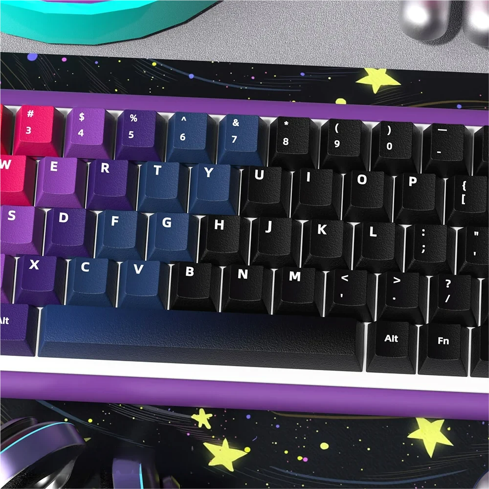 An artistic side view of Aurora PBT Keycaps Set, revealing vibrant celestial wonder and durable dye-sublimation, echoing the cosmic spectacle of Northern Light design.