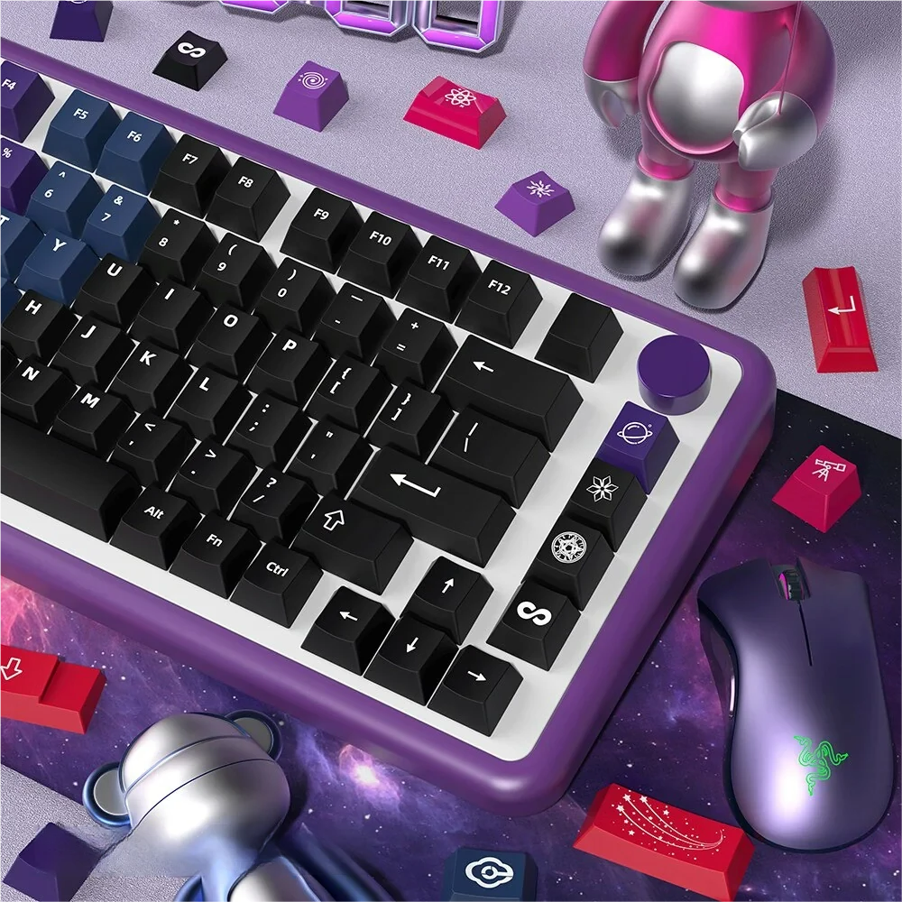 Aurora PBT Keycaps Set: Celestial Wonder. Gallery views show vibrant PBT dye-sublimated keycaps, highlighting gradients mimicking the ethereal Northern Light design.