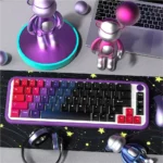 Aurora PBT Keycaps set on display, showcasing vibrant, durable PBT dye-sublimation with mesmerizing Northern Lights gradients. A celestial custom keyboard.