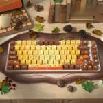 Autumn Serenity PBT Dye-Sub Keycap Set. Durable PBT dye-sublimated keycaps showcase warm autumn leaves and natural earth tones, creating a tranquil keyboard.