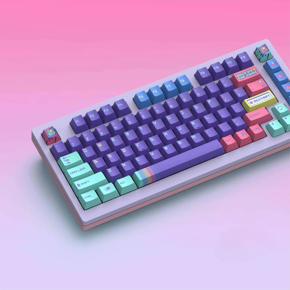 A playful, angled view of the vibrant Back In The Game retro gaming PBT keycap set, showcasing detailed pixel art and classic arcade motifs.
