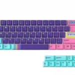 Vibrant retro gaming PBT keycap set, 'Back In The Game', featuring playful pixel art and nostalgic arcade motifs. Multiple angles highlight the detail design.