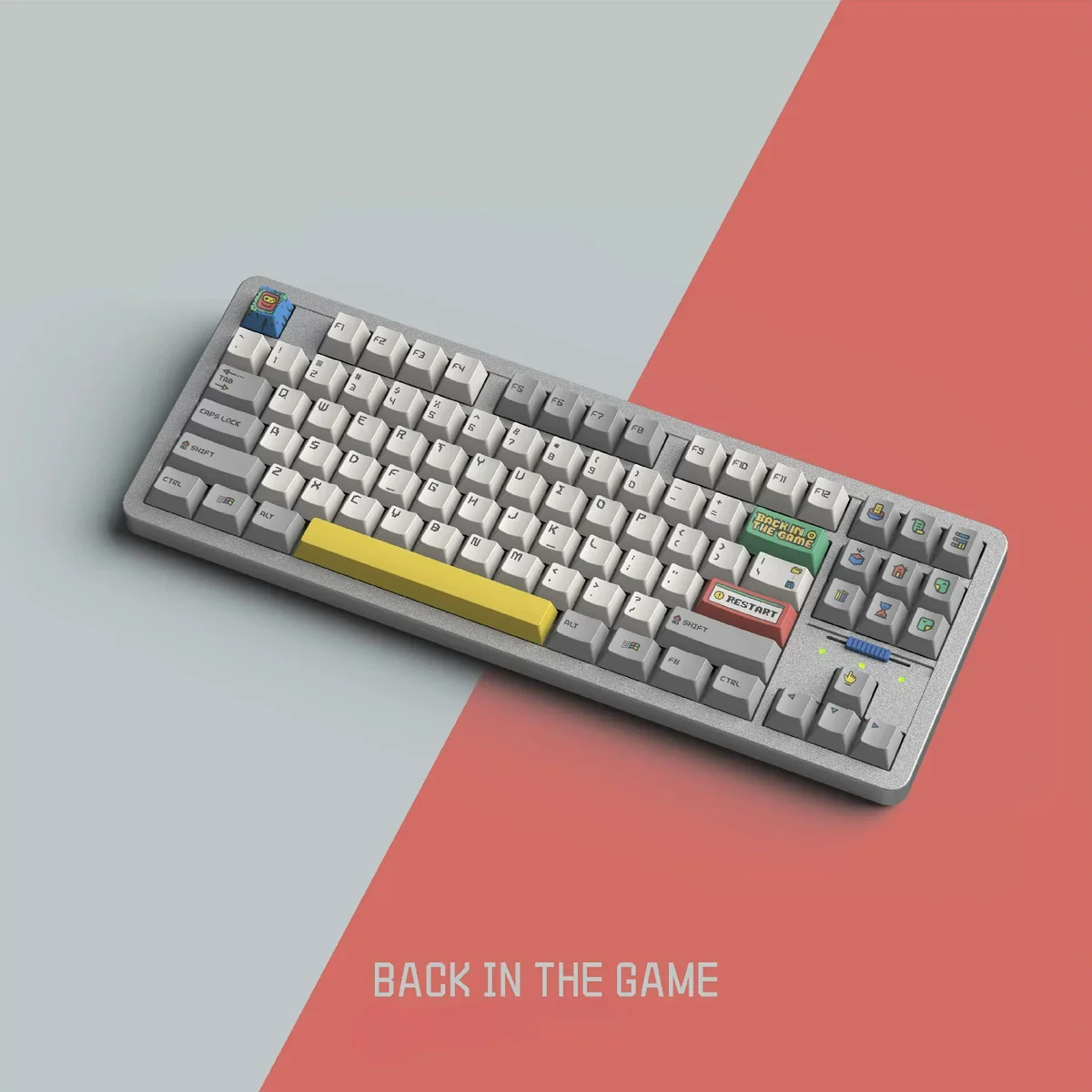 Vibrant pixel-art keycaps from the Back In The Game PBT retro keycap set, showcasing playful designs that spark classic arcade nostalgia.