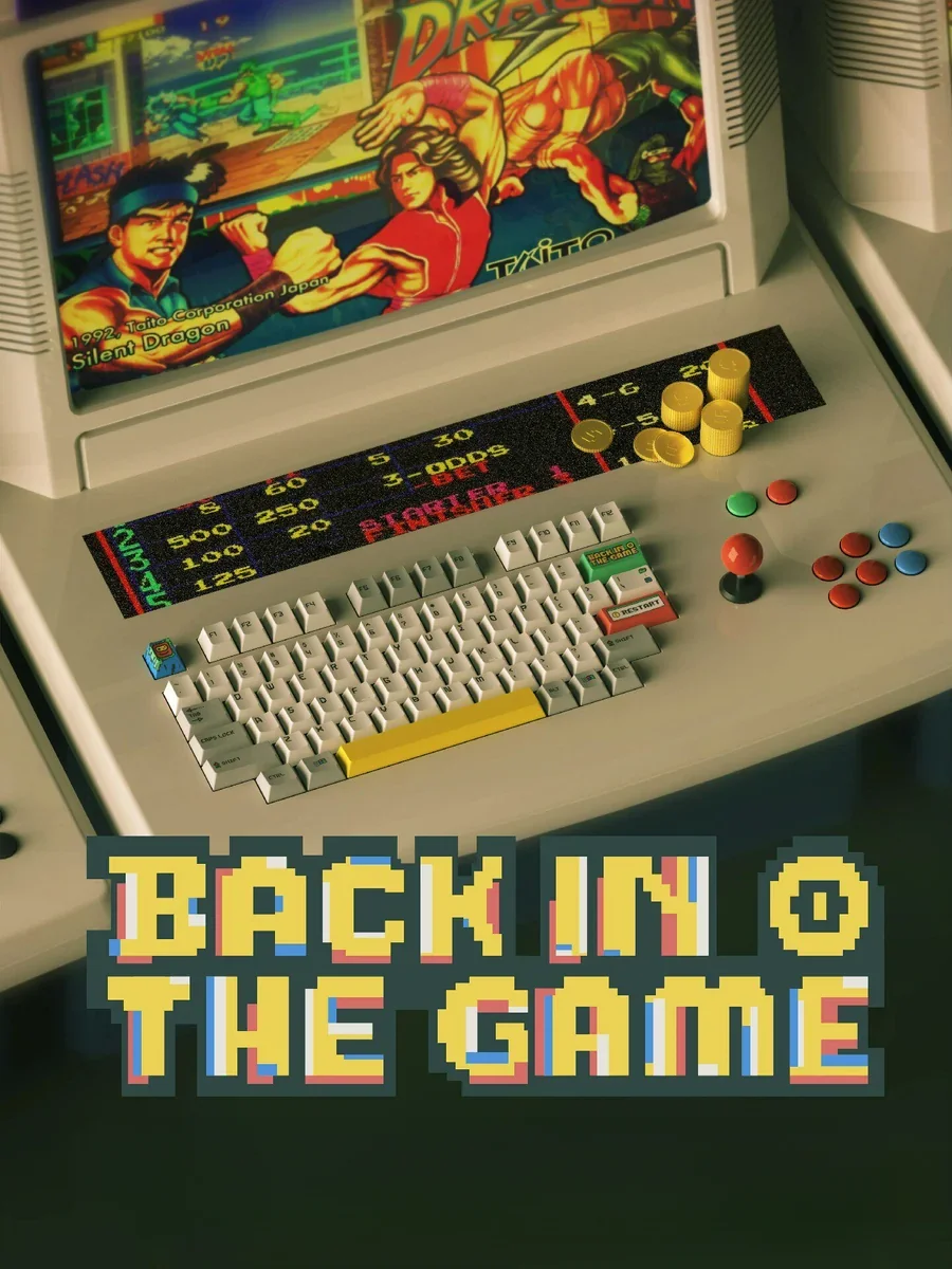 A vibrant set of retro gaming PBT keycaps set, showcasing pixel-art characters and arcade elements, perfect for nostalgic keyboard enthusiasts.