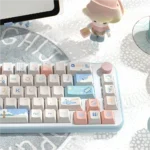 Vibrant PBT Dye-Sub Beach Summer Keycaps Set in various views feature blues ocean waves, a beach keycap set.