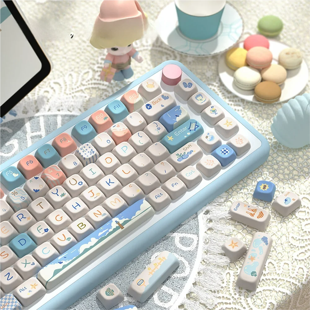 Vibrant Beach Summer PBT SCA profile keycaps set, multi-angle view, highlight durable PBT, vivid beach theme, and blue/sand tones.