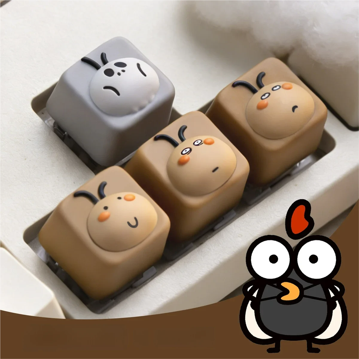 Whimsical Big-Head Cockroach Artisan Keycaps shown from multiple angles, emphasizing their unique, expressive, stress-relieving designs for a joyful keycap.