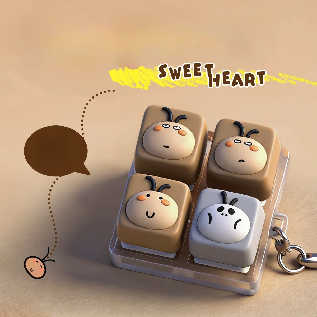 Close-up of a whimsical big-head Cockroach artisan keycap, showcasing its unique and expressive design for a stress-relieving keyboard upgrade.