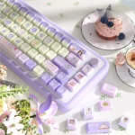 A playful collection of Joyful Birthday PBT Keycaps Set, showcasing vibrant MDA profile designs with cakes, balloons, and gifts from multiple angles.