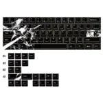 Black Blade Dye-sub PBT keycaps set for mechanical keyboards, highlighting their unique, dark, and sleek design with intricate character art from multiple angles.