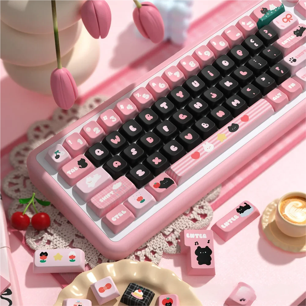 A charming set of PBT dye-sub black cat keycaps set, featuring whimsical feline designs displayed from various playful angles, highlighting their clean.