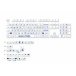 Close-up of vibrant blue pixel PBT dye-sub keycaps set, revealing their durable finish and bold retro legends from multiple angles, perfect for mechanical keyboard.