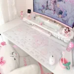 Detailed shot of the Bonbonribbon & Sugarbunnies Desk Mat, highlighting its charming pastel colors and smooth, durable material.