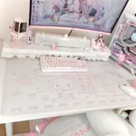 Bonbonribbon & Sugarbunnies Desk Mat displaying an adorable Hello Kitty-inspired white rabbit motif on its large, smooth PU leather surface.