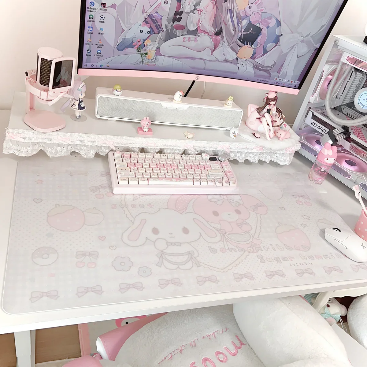 Bonbonribbon & Sugarbunnies Desk Mat displaying an adorable Hello Kitty-inspired white rabbit motif on its large, smooth PU leather surface.