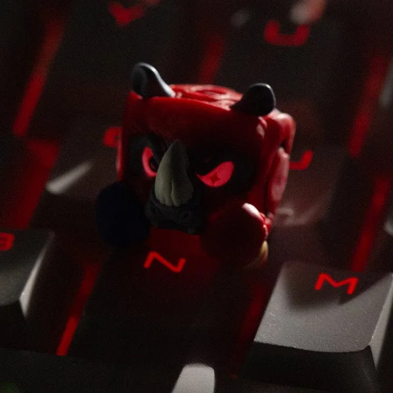 Fierce handcrafted Boxer Rhino Keycap, viewed from various angles, highlighting its vibrant translucent resin, intricate details, and glowing backlit design.