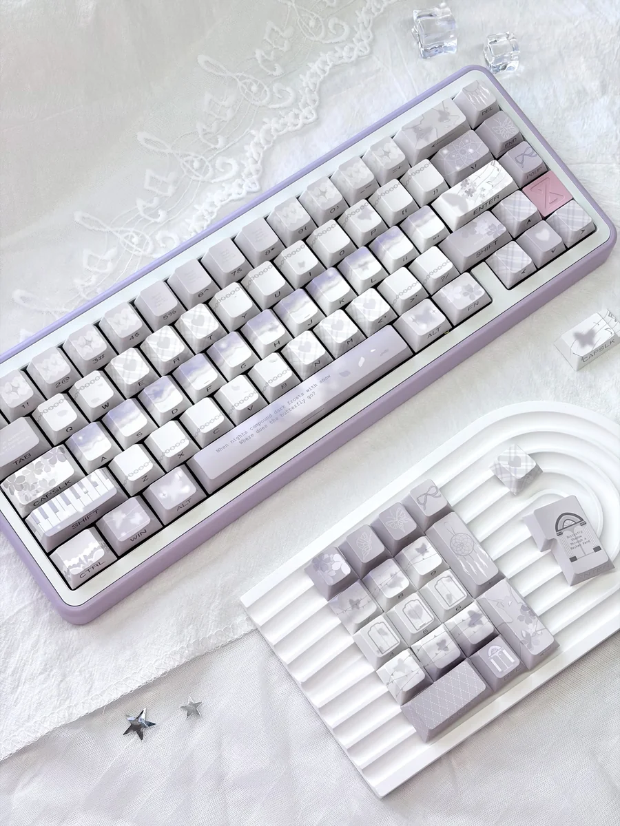 Broken Window Butterfly Cherry Keycap Set featuring artistic butterfly designs breaking free. Vibrant side-lit legends illuminate each key, creating a captivating setup.