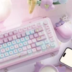 Cute Bubble Kitten PBT Dye-Sub MDA profile keycaps set, featuring adorable pastel kitten art and whimsical bubble details shown from a different angle.