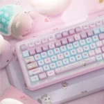 A collection of cute Bubble Kitten PBT dye-sub MDA profile keycaps set featuring adorable pastel kittens and whimsical bubbles from various angles.