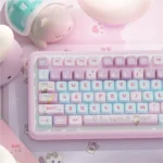 Cute Bubble Kitten PBT dye-sub MDA profile keycaps set, featuring playful kittens and soft pastel bubbles from a detailed side angle.