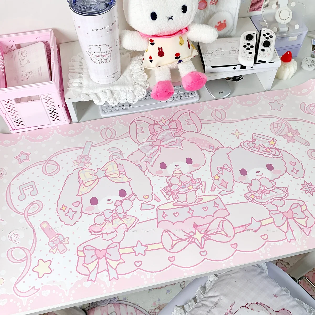 Multiple views of the whimsical extra-large pink PU bunny desk mat, highlighting its cute design and comfortable surface for a playful workspace.