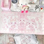 Multiple views of the Cute Bunny Desk Mat, showcasing its extra-large size, charming pink PU surface, and whimsical bunny design for playful comfort design.