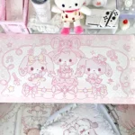 An extra-large pink PU bunny desk mat displayed from a top-down view, emphasizing its spaciousness and cute, cheerful design for playful comfort.