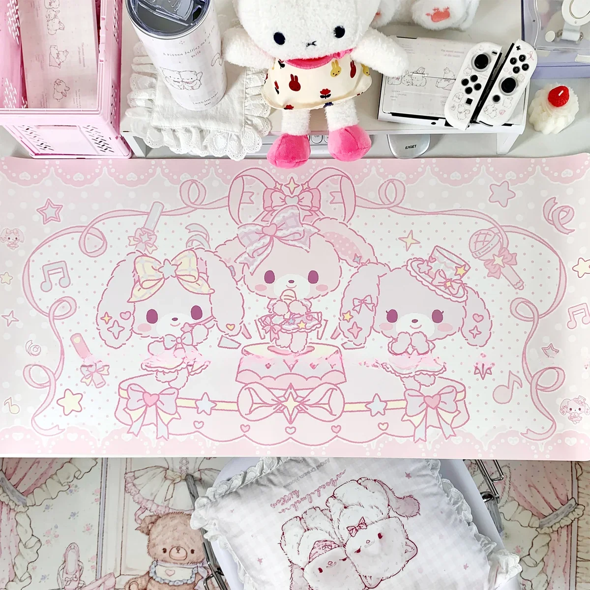 Delightful main image of an extra-large pink bunny desk mat, featuring its cute whimsical design and comfortable PU material, perfect for a playful design.