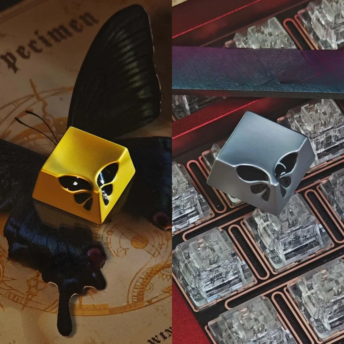Exquisite butterfly keycap, a premium artisanal keyboard upgrade, displayed with its delicate metallic butterfly design and intricate detailing setup.