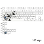 Stunning side-lit butterfly PBT keycaps for mechanical keyboards, artfully presented from multiple angles, emphasizing the ethereal illumination.