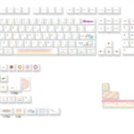 A vibrant product gallery showcasing durable Candy PBT Keycaps Set from multiple angles, highlighting their playful, dye-sublimated sweet treat design.