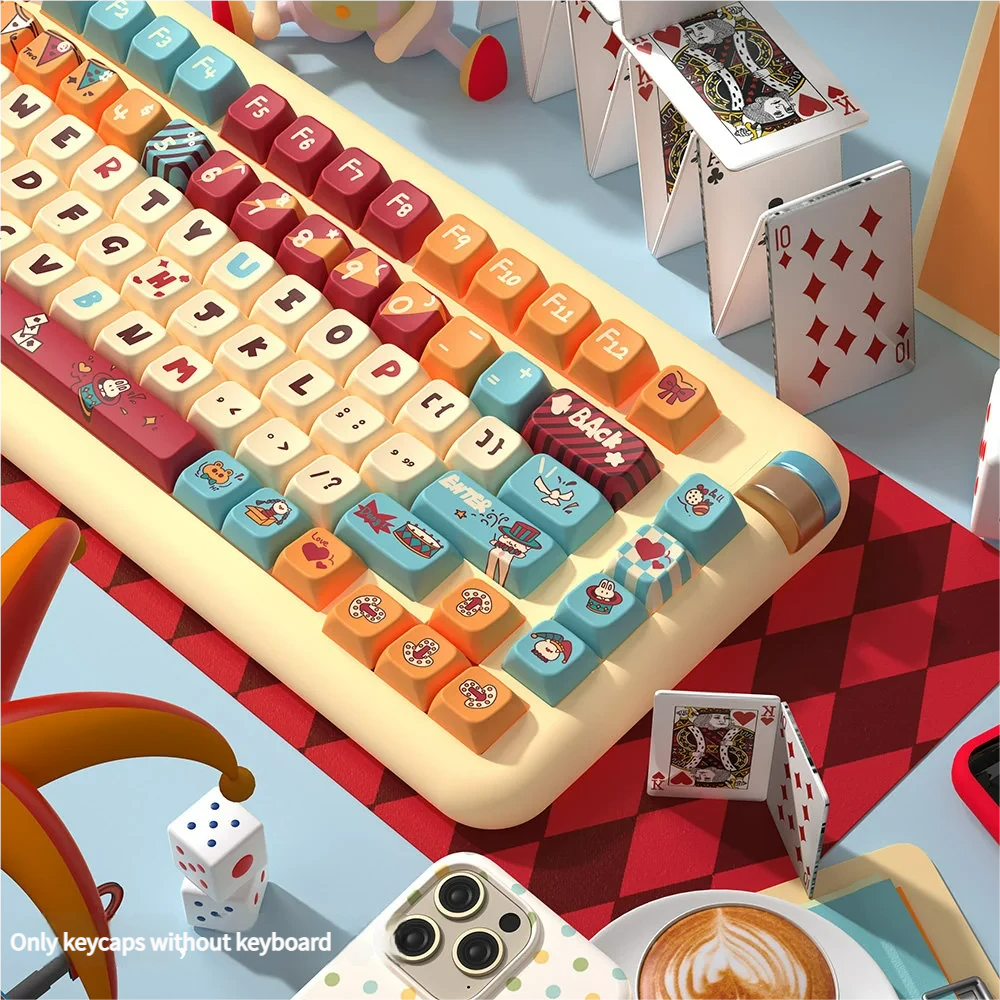 Whimsical Cat Circus PBT Dye-Sub Keycaps Set, showcasing vibrant, playful cat illustrations from various angles. Artistic and high-quality keycaps.