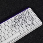 Close-up views of the whimsical Cat-ear Girl PBT keycap set, showcasing vibrant anime-inspired art and unique cat-ear designs from various angles.