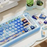 A playful close-up of the Whimsical Cat Adventure MDA PBT dye-sub keycap set, highlighting unique cat characters on an imaginative journey from a different angles.