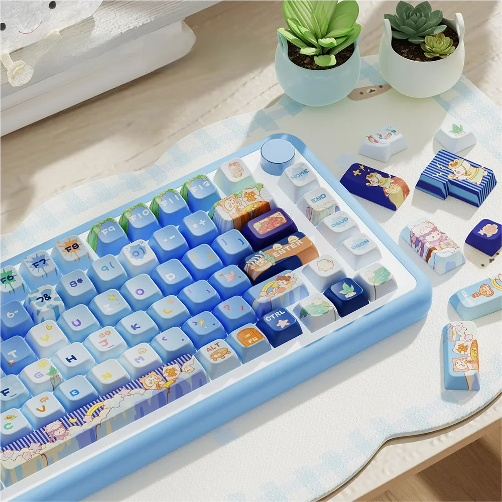 A playful close-up of the Whimsical Cat Adventure MDA PBT dye-sub keycap set, highlighting unique cat characters on an imaginative journey from a different angles.