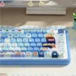 Whimsical Cat Adventure MDA PBT dye-sub keycap set. Playful cat characters on vibrant keys, displayed from multiple angles. A unique cat keycap set.