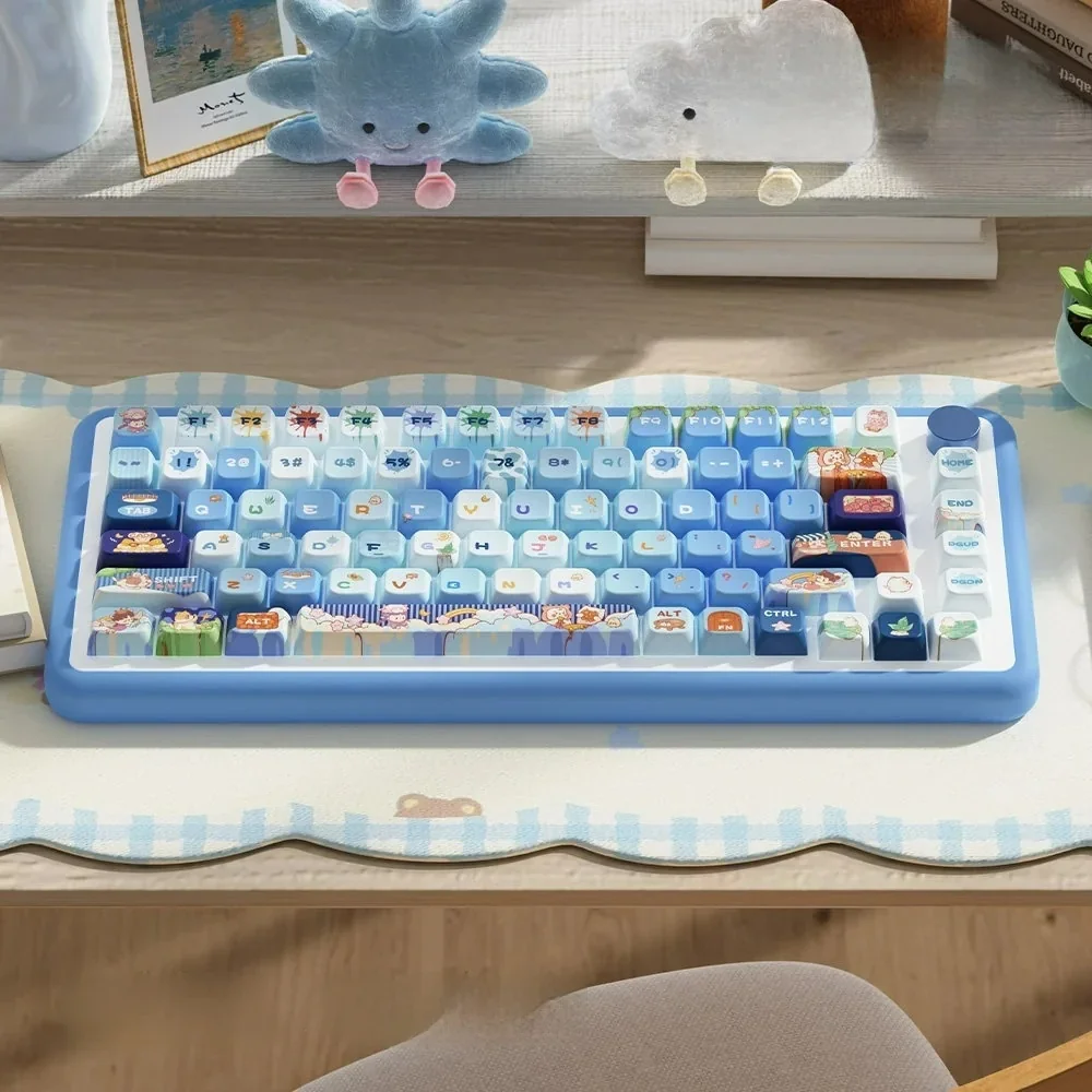 Whimsical Cat Adventure MDA PBT dye-sub keycap set featuring unique, playful cat characters on a vibrant journey. Perfect for custom keyboards.
