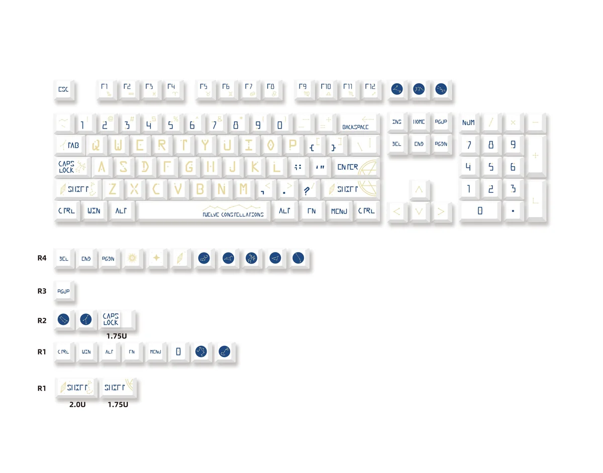 Celestial Constellation PBT Keycaps Set, Standard Edition, showcasing intricate astrological designs and starry night motifs for a cosmic keyboard aesthetiics.