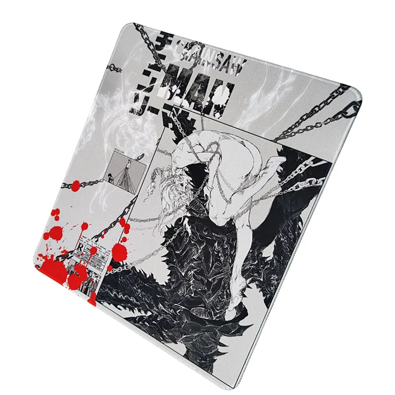 Chainsaw Man waterproof gaming mouse pad, showcasing its premium textured jacquard fabric surface and dynamic artwork from a detailed angle.