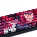 Close-up of vibrant Zero Two PBT dye-sublimation keycaps set from DARLING in the FRANXX, highlighting various angles of the iconic pink and red anime design.