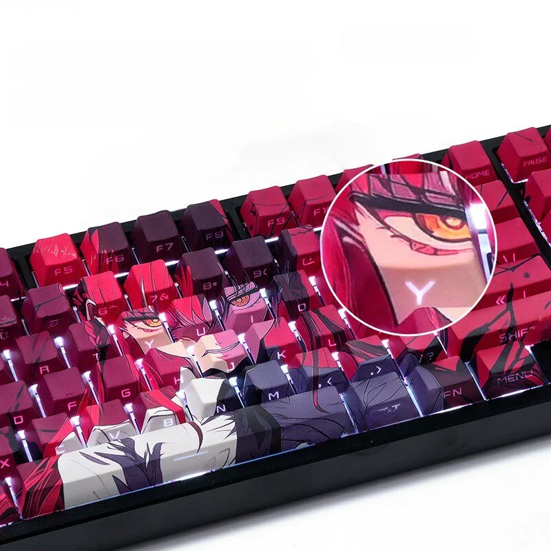Close-up of vibrant Zero Two PBT dye-sublimation keycaps set from DARLING in the FRANXX, highlighting various angles of the iconic pink and red anime design.