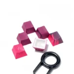 Vibrant Zero Two PBT dye-sublimation keycaps set from DARLING in the FRANXX, showcasing iconic pink and red anime art from various angles.