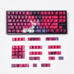 Vibrant Zero Two PBT keycaps set, a close-up view highlighting iconic DARLING in the FRANXX anime art and bold pink and red dye-sublimation.