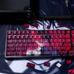 Playful Zero Two PBT dye-sublimation keycaps set showcasing iconic DARLING in the FRANXX anime art with vibrant pink and red hues.