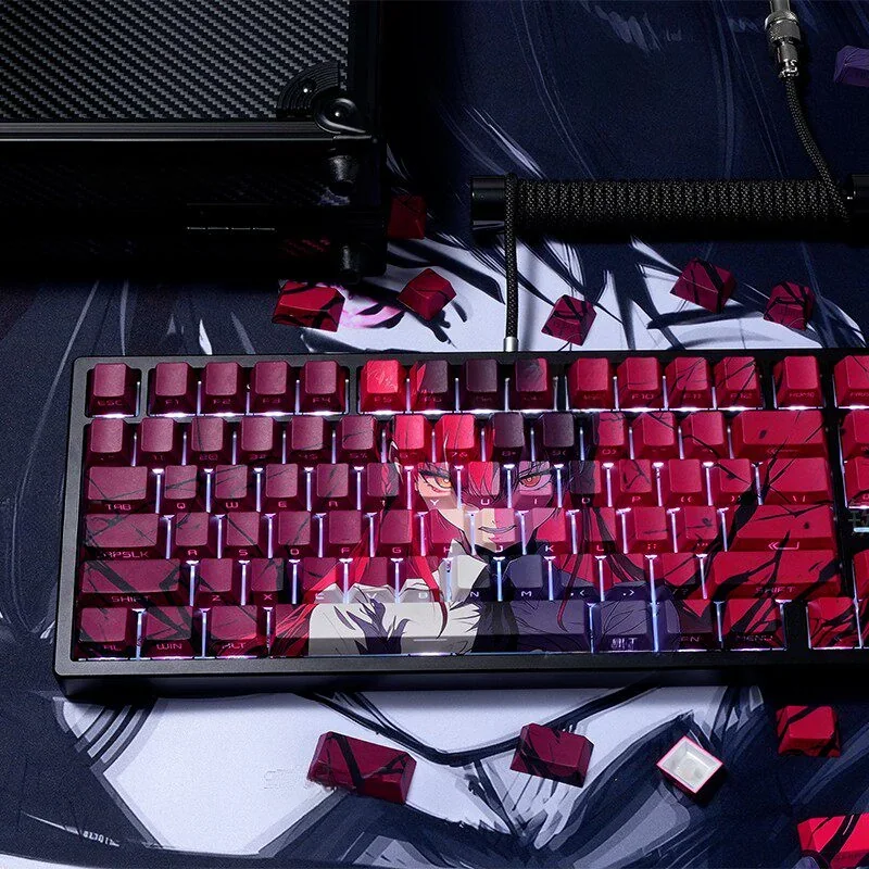 Playful Zero Two PBT dye-sublimation keycaps set showcasing iconic DARLING in the FRANXX anime art with vibrant pink and red hues.