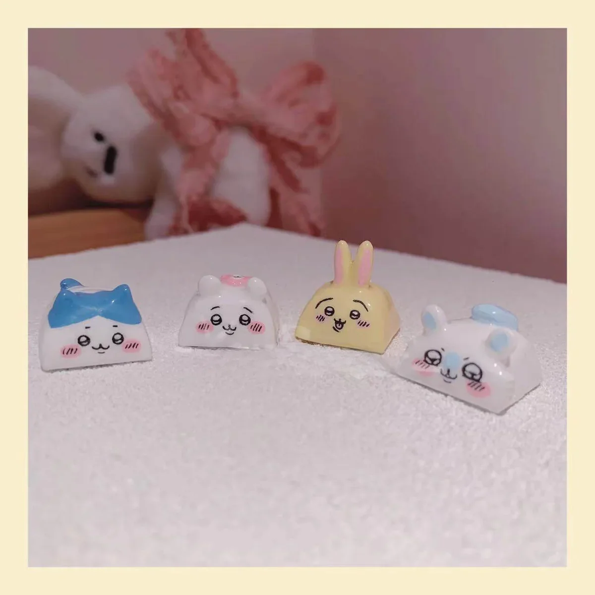 Whimsical Chiikawa Artisan Keycap, a handmade resin charm featuring a unique, meticulously sculpted Chiikawa character for a playful keyboard.