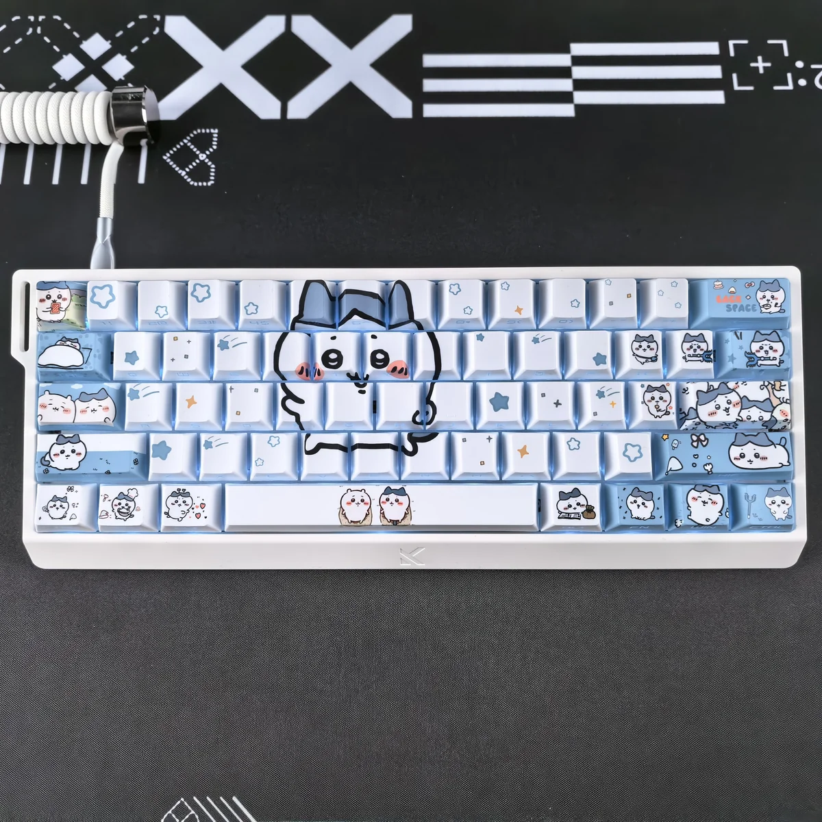 Hachiware Cherry Keycap Set showcasing crisp, shine-through legends on a modern minimalist keyboard, perfect for vibrant backlighting.